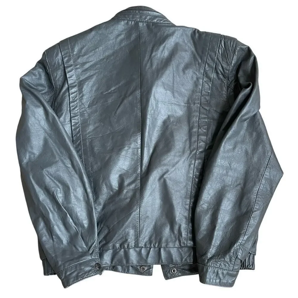 Vintage 80s 90s Men's Moto Leather Jacket Full Zip Hidden Hood No Tag - FLAW